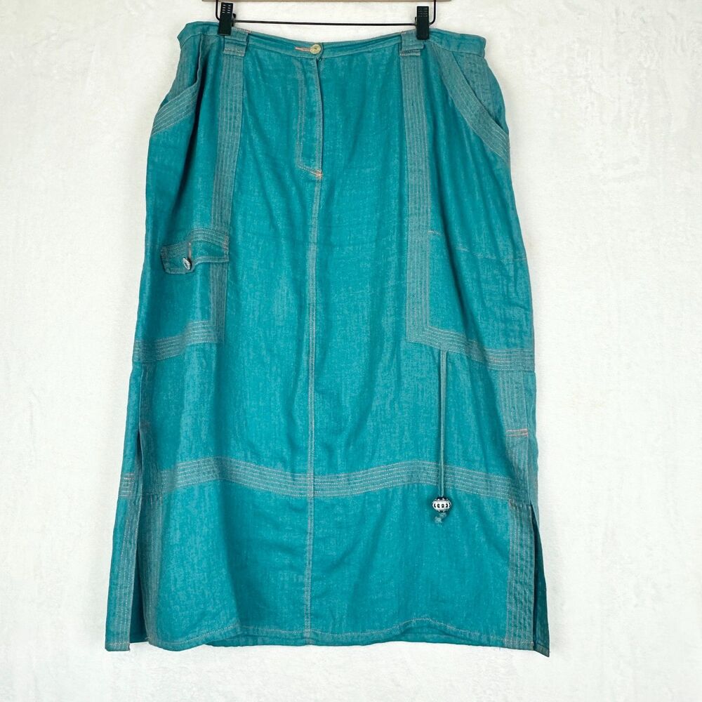 Alain Weiz Linen Midi Skirt Size 16 Teal Cargo Utility Pockets Lagenlook Artsy